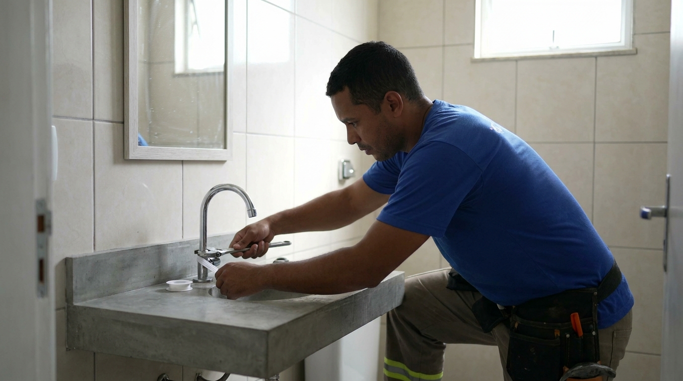 Encanador instalando torneira em Campina Grande‑PB