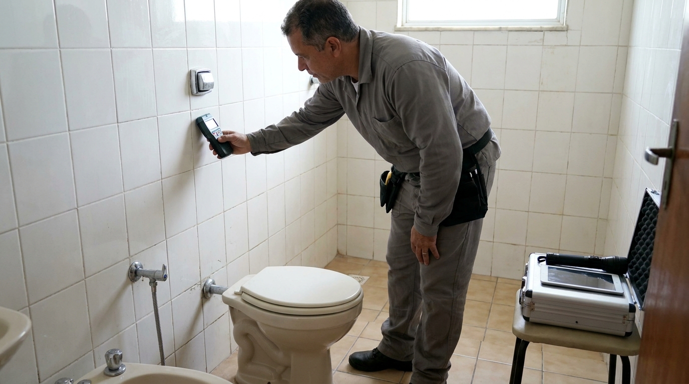 Técnico de caça vazamento analisando tubulação em Campina Grande‑PB