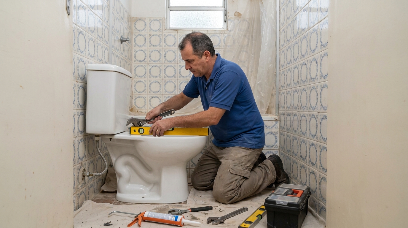 Técnico instalando vaso sanitário em Campina Grande‑PB